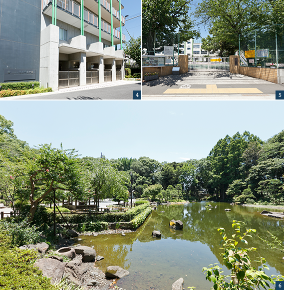 4.区立荏原平塚学園中学校(約430m/徒歩6分) 5.区立中延小学校 (約40m/徒歩1分) 6.戸越公園(約1,380m/徒歩18分)