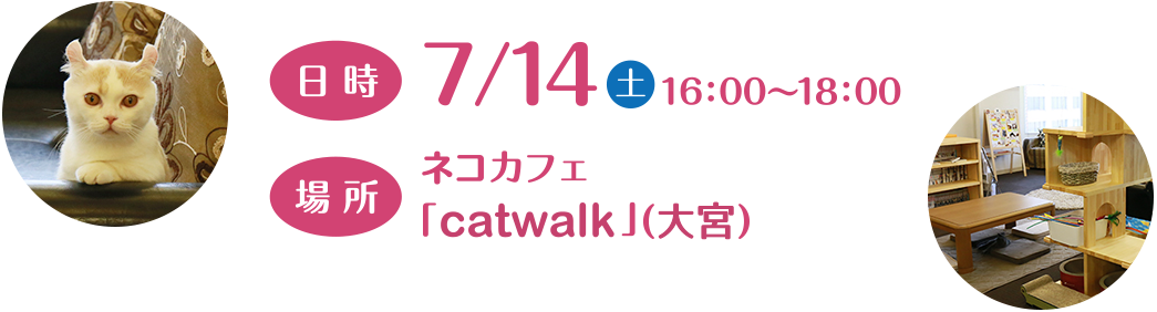 日時 7/14（土）16:00～18:00(15:45受付開始) 場所 ネコカフェ catwalk（大宮）